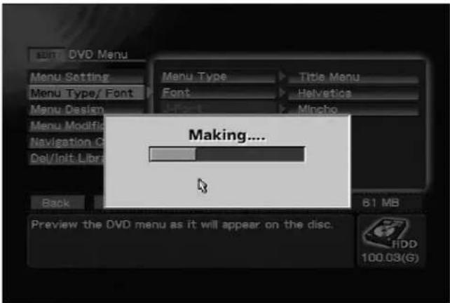 SUN DVD Menu Menu Setting Menu Type/ Font Menu Design Menu Modifi Navigation C Del/Init Libra Back 61 MB Preview the DVD menu as it will appear on the disc. Making.... HDD 100.03(G)