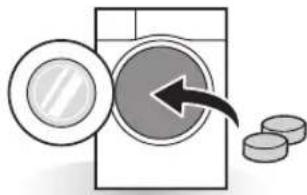 Diagram showing a washing machine with a lid removed and a magnified view of the chamber, accompanied by three smaller circular objects (no text or symbols)