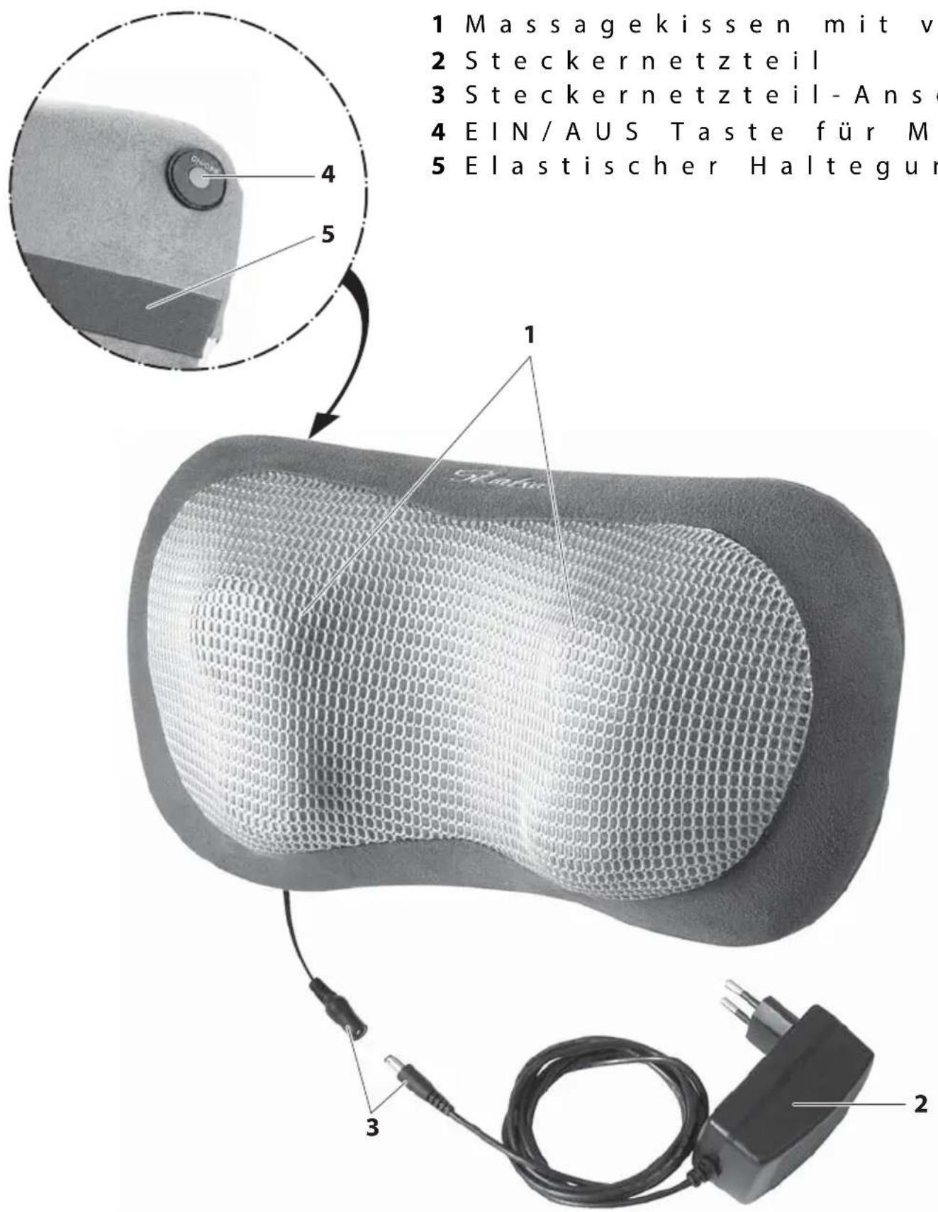 1 Massagekissen mit v 2 Steckernetzteil 3 Steckernetzteil-Anse 4 EIN/AUS Taste für M 5 Elastischer Haltegur 1 2 3