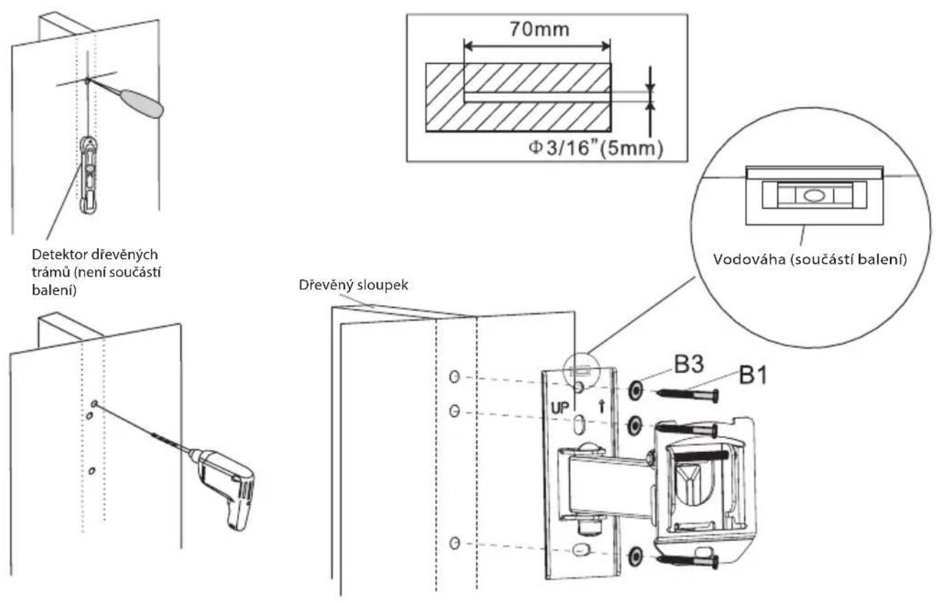 Detektor dřevěných trámů (není součástí balení) 70mm Φ3/16"(5mm) Dřevěný sloupek Vodováha (součástí balení) B3 B1 UP