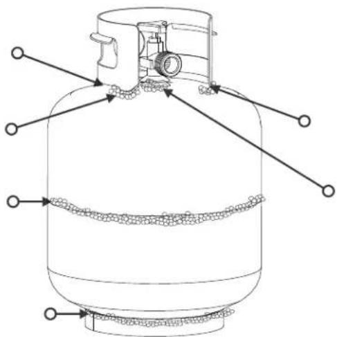 Technical diagram of a gas cylinder with labeled components and directional arrows indicating flow or movement.