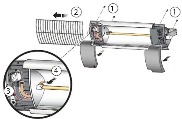 Technical diagram of a mechanical device with numbered components and labeled parts, including a zoomed-in inset view.