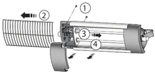 Technical diagram of a mechanical device with numbered components and directional arrows indicating motion or flow.