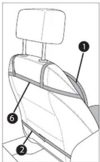 Technical diagram of a car seat with numbered labels pointing to different components