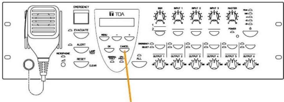 EMERGENCY TOA EVACUATE MENU - + 1 2 INPUT 1 INPUT 2 INPUT 3 MASTER POWER 0 MIXOPHONE ALERT LAMP TEST OK CANCEL GENERAL TEST ALL RESET CLEAR EMERGENCY SELECT OUTPUT 1 OUTPUT 2 OUTPUT 3 OUTPUT 4 OUTPUT 5 OUTPUT 6
