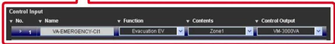 Control Input No. ▼ Name ▼ Function ▼ Contents ▼ Control Output > 1 VA-EMERGENCY-CI1 Evacuation EV Zone1 VM-3000VA