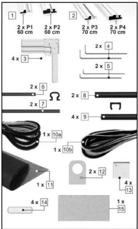 1 2 x P1 60 cm 2 x P2 60 cm 4 x 3 2 x 6 2 x 7 2 x P3 70 cm 2 x P4 70 cm 2 x 4 2 x 5 2 x 8 4 x 9 1 x 10a 1 x 10b 1 x 11 2 x 12 4 x 13 4 x 14 1 x 15