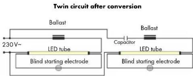Twin circuit after conversion Ballast 230V~ LED tube Blind starting electrode Capacitor Ballast LED tube Blind starting electrode