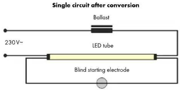Single circuit after conversion Ballast 230V~ LED tube Blind starting electrode