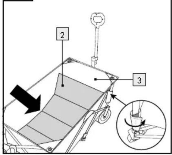 Technical diagram of a mechanical device with labeled parts and an inset showing a hand operating the component.
