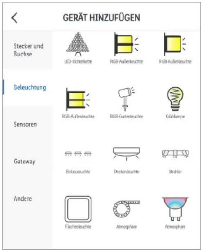 GERÄT HINZUFÜGEN Stecker und Buchse LED-Lichterkette RGB-Außenleuchte RGB-Außenleuchte Beleuchtung RGB-Außenleuchte RGB-Gartenleuchte Glühlampe Sensoren Gateway Einbauleuchte Deckenleuchte Strahler Andere Flächenleuchte Atmosphäre Atmosphäre