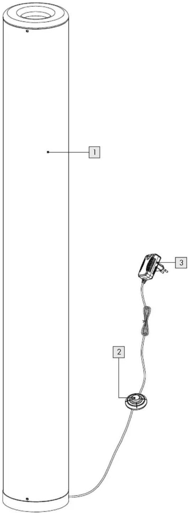 Technical diagram of a cylindrical device with labeled components including a sensor and cable connection points.