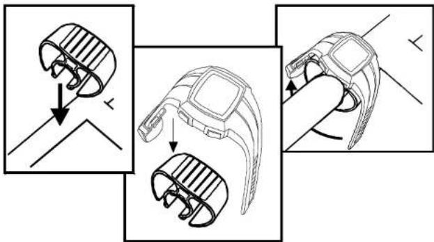 Diagram illustrating three steps of a smartwatch with labeled parts and directional arrows indicating motion.