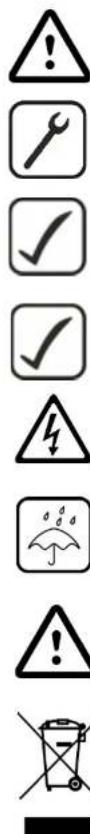 Warning symbols and icons including warning signs, wrench, checkmark, lightning bolt, rain umbrella, and trash bin