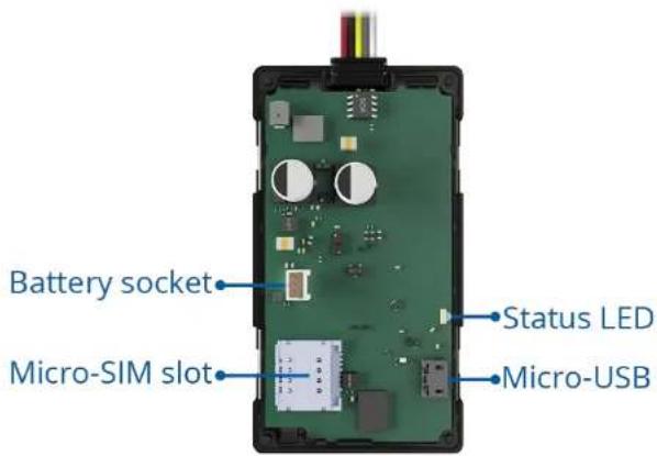 Battery socket Micro-SIM slot Status LED Micro-USB