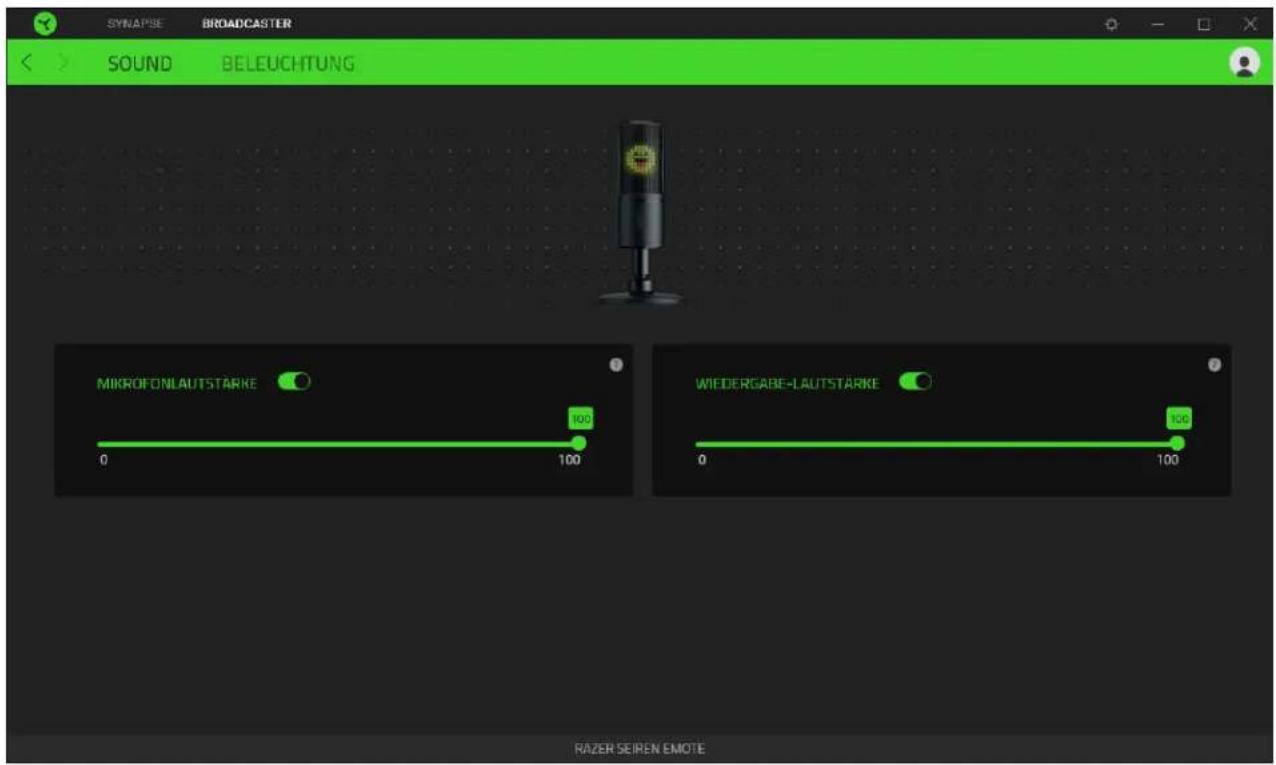 SYNAPSE BROADCASTER SOUND BELEUCHTUNG MIKROFONLAUTSTARKE 100 0 100 WIEDERGABE-LAUTSTARKE 100 0 100 RAZER SEIREN EMOTE