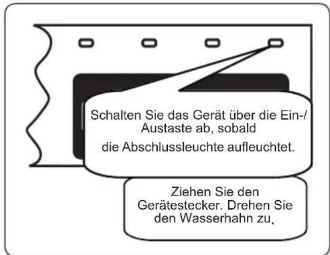 Schalten Sie das Gerät über die Ein-/Austaste ab, sobald die Abschlussleuchte aufleuchtet. Ziehen Sie den Gerätestecker. Drehen Sie den Wasserhahn zu.