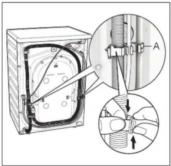 Technical diagram showing installation of a mechanical component with labeled parts A and a magnified view of the assembly.