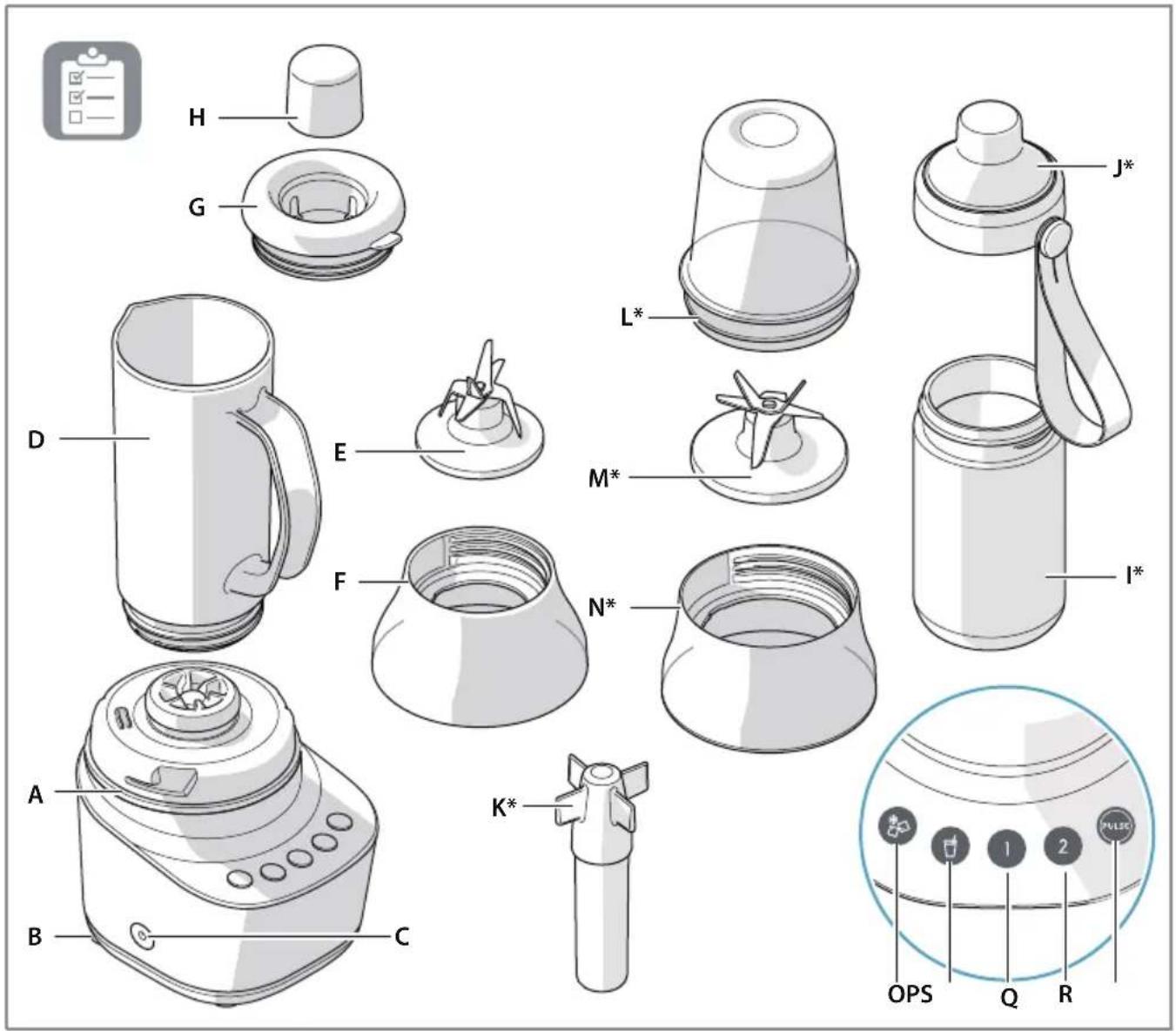 Technical diagram of a kitchen appliance with labeled parts including blender, kettle, and evaporator