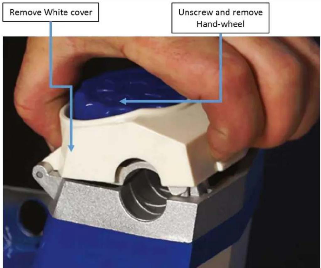 Remove White cover Unscrew and remove Hand-wheel