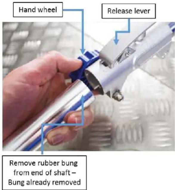 Hand wheel Release lever Remove rubber bung from end of shaft - Bung already removed