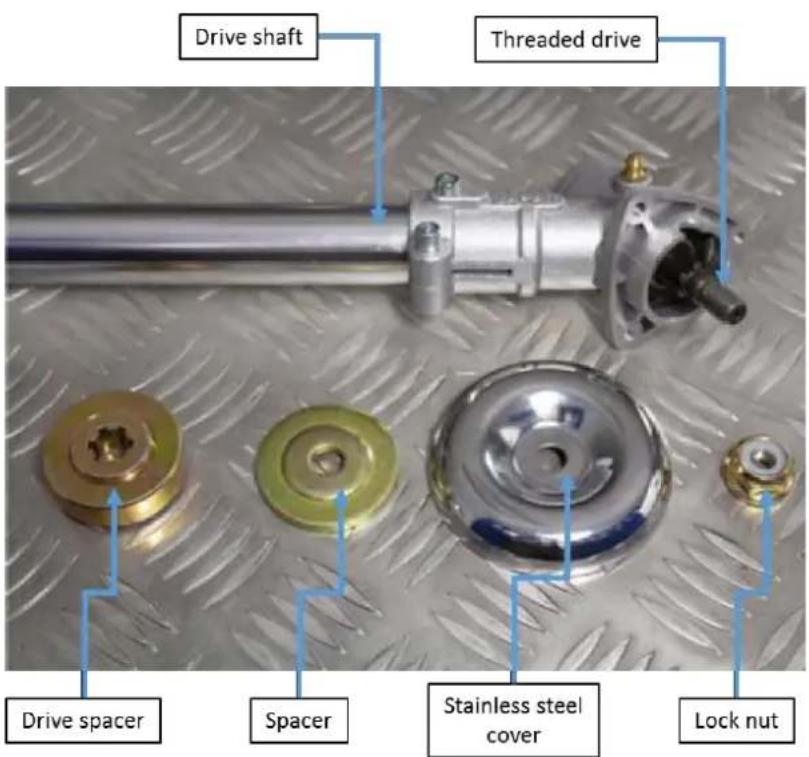 Drive shaft Threaded drive Drive spacer Spacer Stainless steel cover Lock nut