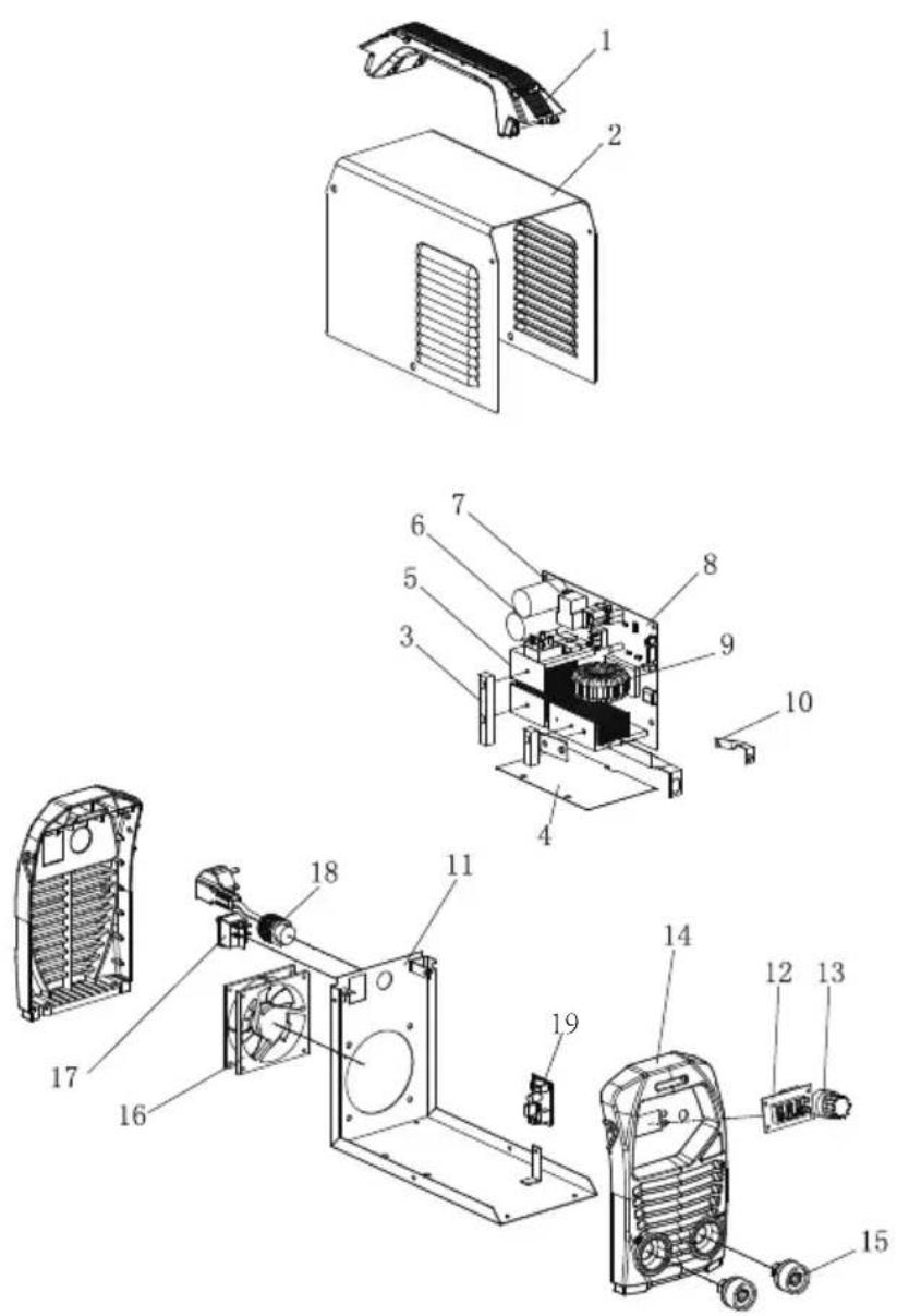 Exploded view diagram of an air conditioner unit with numbered parts for identification