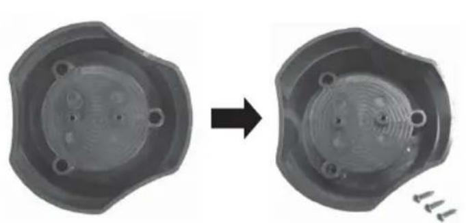 Two views of a mechanical component before and after modification, showing internal features and mounting holes (no text or symbols)