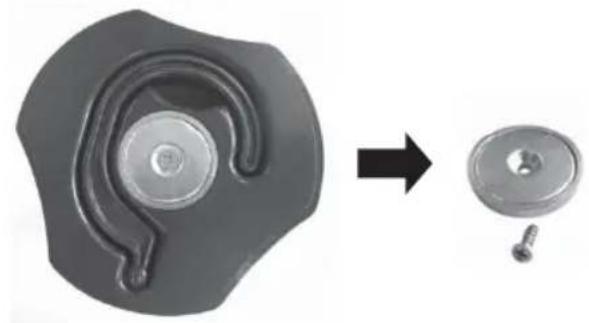 Mechanical component with a circular head and threaded end, shown before and after assembly (no text or symbols)