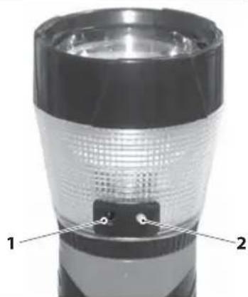 Close-up of a flashlight with labeled parts (1 and 2), showing internal structure and no visible text or symbols.