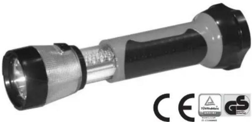 Black and white photo of a flashlight with hexagonal head and internal components, no visible text or symbols on the device itself.