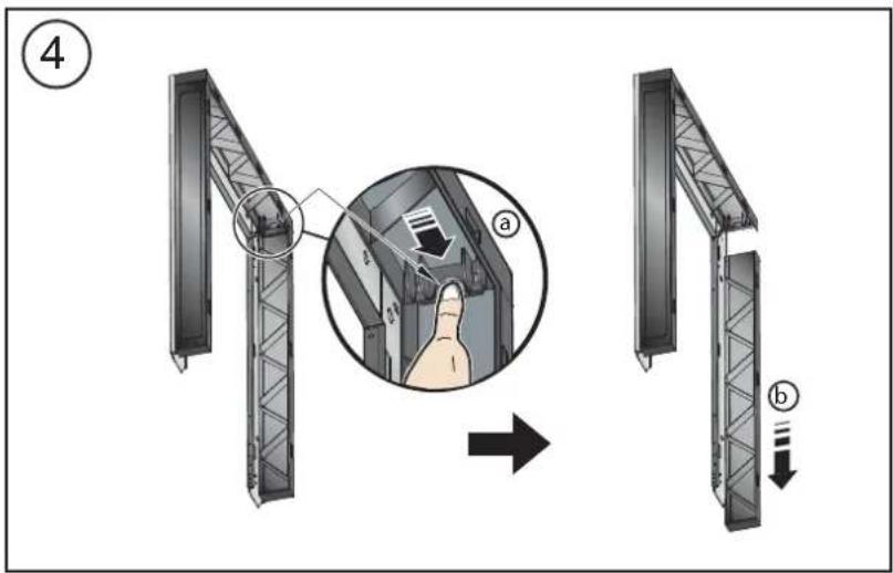 Diagram illustrating a mechanical assembly process with labeled parts (a) and directional arrows, showing structural components before and after assembly.