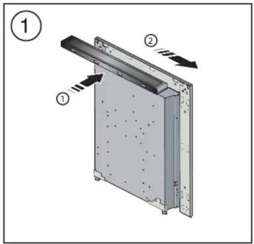 Diagram of a device panel with labeled components and directional arrows indicating movement or assembly.