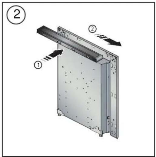 Diagram of a device panel with labeled components and directional arrows indicating movement or assembly.