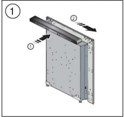 Diagram of a device panel with labeled components and directional arrows indicating movement or assembly.