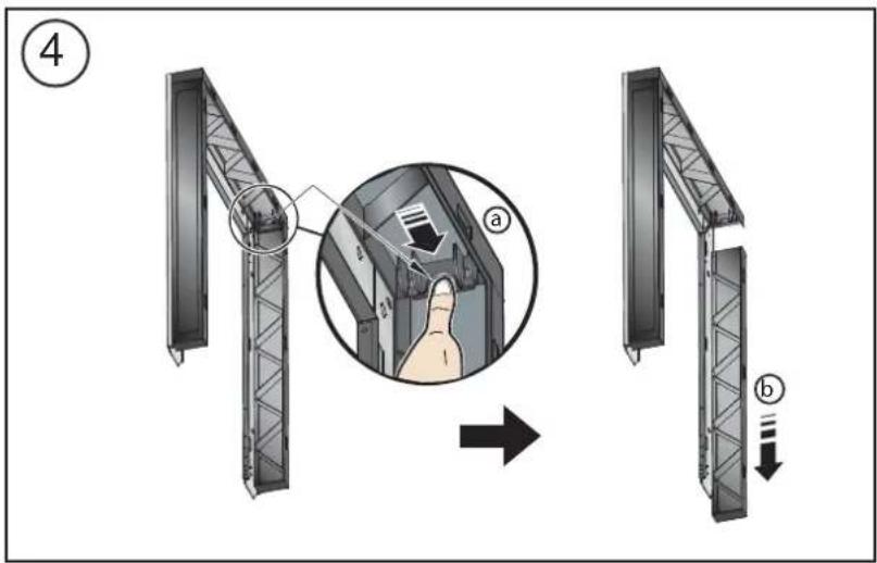 Diagram illustrating a mechanical assembly process with labeled parts (a) and directional arrows, showing structural components before and after assembly.