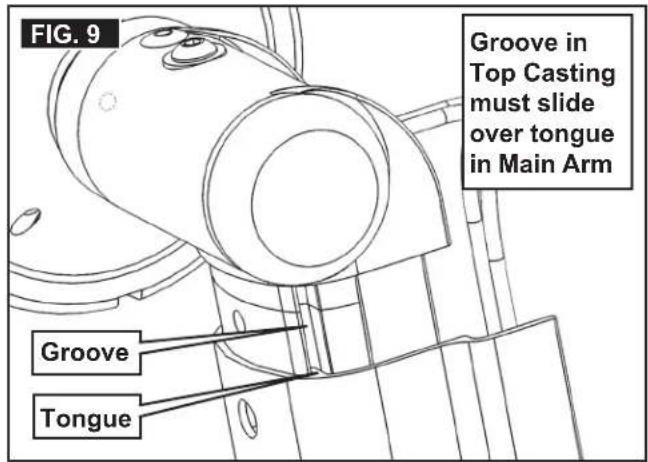 FIG. 9 Groove in Top Casting must slide over tongue in Main Arm Groove Tongue