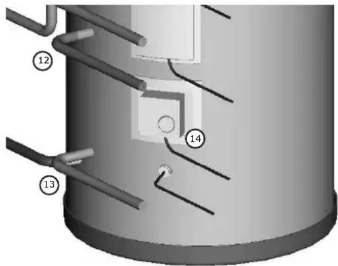 Technical diagram of a cylindrical industrial or mechanical component with numbered parts labeled 12, 13, and 14.