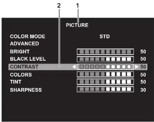 2 1 PICTURE COLOR MODE ADVANCED BRIGHT 50 BLACK LEVEL 50 CONTRAST 50 COLORS 50 TINT 50 SHARPNESS 30