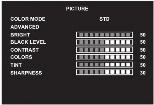 PICTURE COLOR MODE STD ADVANCED BRIGHT 50 BLACK LEVEL 50 CONTRAST 50 COLORS 50 TINT 50 SHARPNESS 30