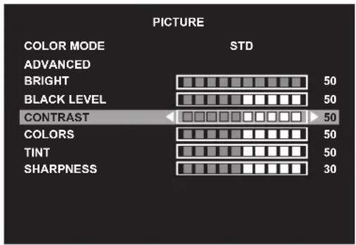 PICTURE COLOR MODE STD ADVANCED BRIGHT 50 BLACK LEVEL 50 CONTRAST 50 COLORS 50 TINT 50 SHARPNESS 30