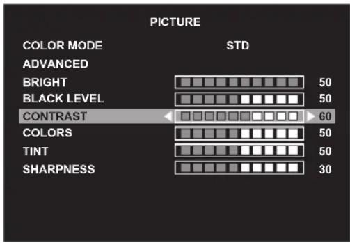 PICTURE COLOR MODE STD ADVANCED BRIGHT 50 BLACK LEVEL 50 CONTRAST 60 COLORS 50 TINT 50 SHARPNESS 30