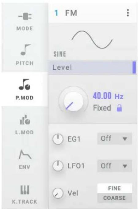 1 FM MODE PITCH SINE Level P.MOD 40.00 Hz Fixed L.MOD EG1 Off ENV LFO1 Off Vel FINE COARSE KTRACK