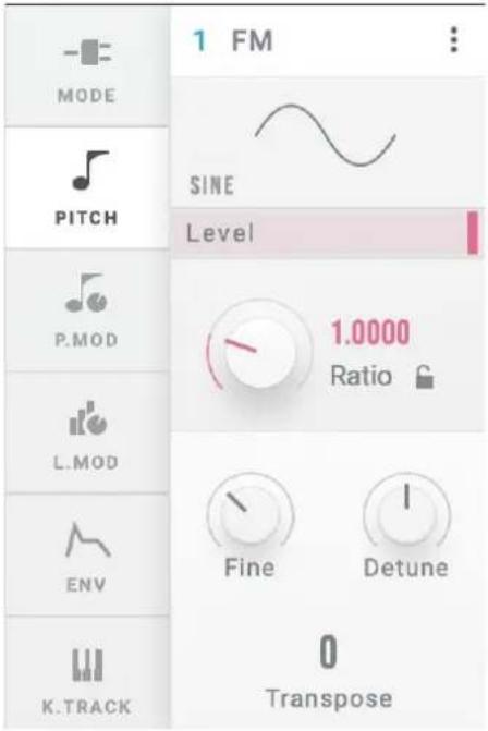 MODE PITCH P.MOD L.MOD ENV K.TRACK 1 FM SINE Level 1.0000 Ratio Fine Detune 0 Transpose