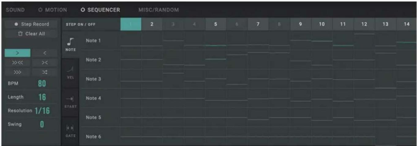 SOUND ○ MOTION ○ SEQUENCER MISC/RANDOM Step Record Clear All > < >>> >< >>> ># BPM 80 Length 16 Resolution 1/16 Swing 0 STEP ON / OFF 1 2 3 4 5 6 7 8 9 10 11 12 13 14 NOTE Note 1 Note 2 Note 3 Note 4 Note 5 Note 6