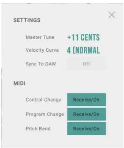 SETTINGS Master Tune +11 CENTS Velocity Curve 4 [NORMAL] Sync To DAW Off MIDI Control Change Receive/On Program Change Receive/On Pitch Bend Receive/On