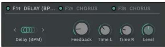 F1t DELAY (BP... F2t CHORUS F3t CHORUS Delay (BPM) Feedback Time L Time R Level