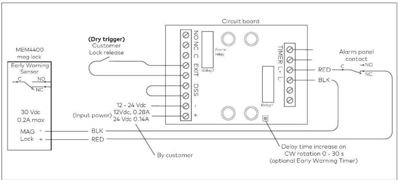 MEM4400 mag lock Early Warning Sensor C NO NC 30 Vdc 0.2A max MAG - Lock + (Dry trigger) Customer Lock release (Input power) 12 - 24 Vdc 12Vdc, 0.28A 24 Vdc 0.14A By customer Circuit board NONC C EXIT DSS + + - - - - - - - - - - - - - - - - - - - - - - - - - - - - - - - - - - - - - - - - - - - - - - - - - - - - - - - - - - - - - - - - - - - - - - - - - - - - - - - - - - - - - - - - - - - - - - - - - - - - - Delay time increase on CW rotation 0 - 30 s (optional Early Warning Timer) BLK BLK TIMER L+ L- RELAY1 ALLAR RELAY ALARM RELAY CALY2 CALY3 CALY4 CALY5 CALY6 CALY7 CALY8 CALY9 CALY10 CALY11 CALY12 CALY13 CALY14 CALY15 CALY16 CALY17 CALY18 CALY19 CALY20 CALY21 CALY22 CALY23 CALY24 CALY25 CALY26 CALY27 CALY28 CALY29 CALY30 CALY31 CALY32 CALY33 CALY34 CALY35 CALY36 CALY37 CALY38 CALY39 CALY40 CALY41 CALY42 CALY43 CALY44 CALY45 CALY46 CALY47 CALY48 CALY49 CALY50 CALY51 CALY52 CALY53 CALY54 CALY55 CALY56 CALY57 CALY58 CALY59 CALY60 CALY61 CALY62 CALY63 CALY64 CALY65 CALY66 CALY67 CALY68 CALY69 CALY70 CALY71 CALY72 CALY73 CALY74 CALY75 CALY76 CALY77 CALY78 CALY79 CALY80 CALY81 CALY82 CALY83 CALY84 CALY85 CALY86 CALY87 CALY88 CALY89 CALY90 CALY91 CALY92 CALY93 CALY94 CALY95 CALY96 CALY97 CALY98 CALY99 CALY100