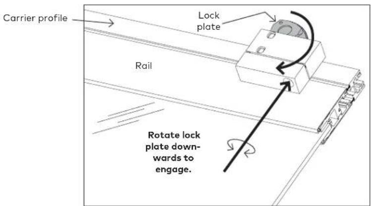Carrier profile Lock plate Rail Rotate lock plate downwards to engage.