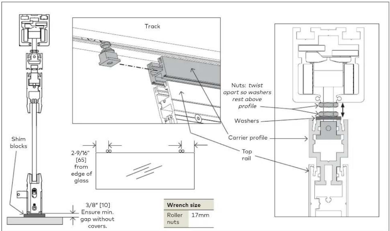 Track Nuts: twist apart so washers rest above profile Washers Carrier profile Top rail Shim blocks 2-9/16" [65] from edge of glass 3/8" [10] Ensure min. gap without covers. Wrench size Roller 17mm nuts